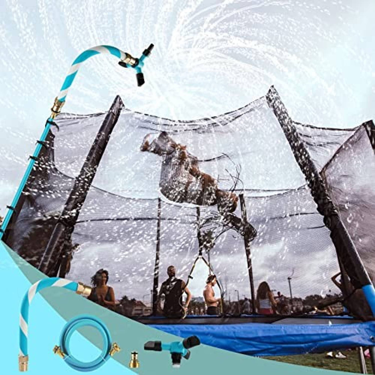 Trampoline sprinkler spraying water over a large trampoline bounce net