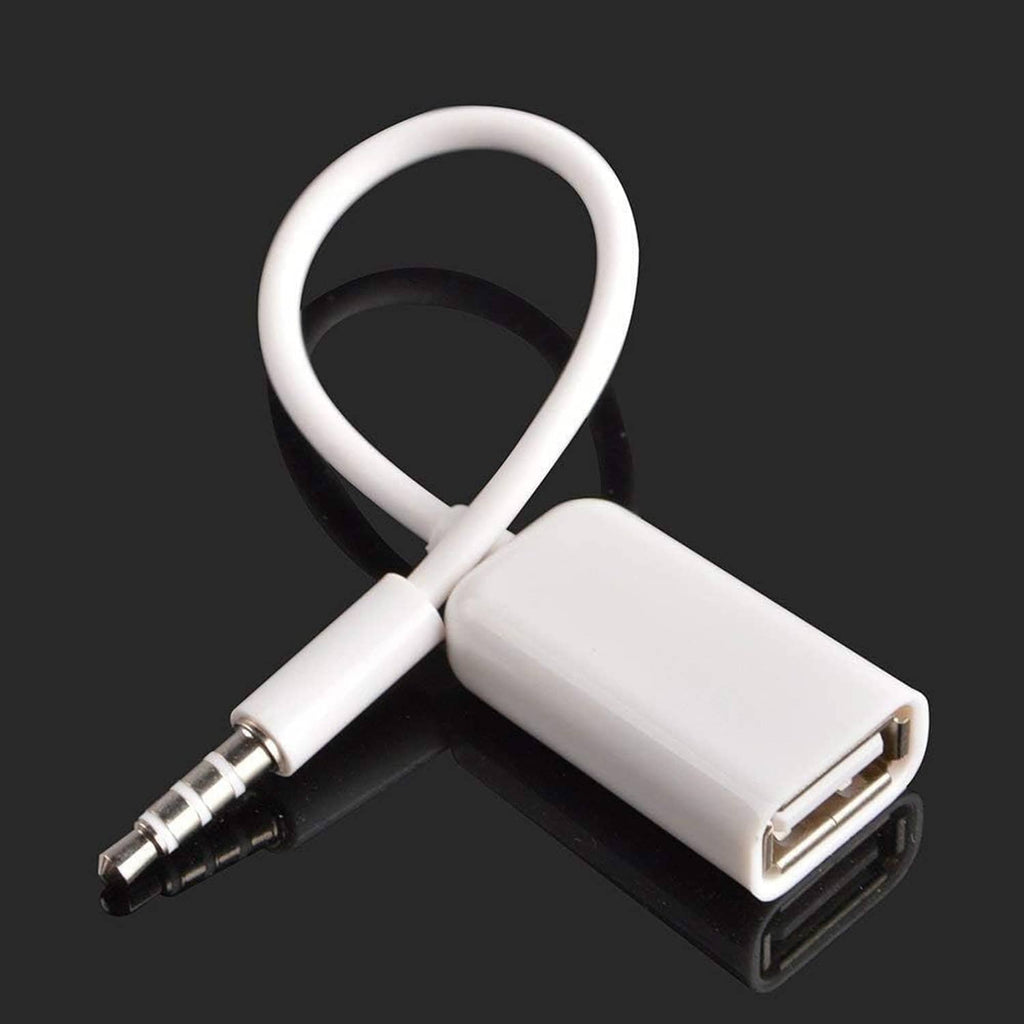 White AUX-to-USB adapter cable with 3.5mm male plug and USB-A female port, angled