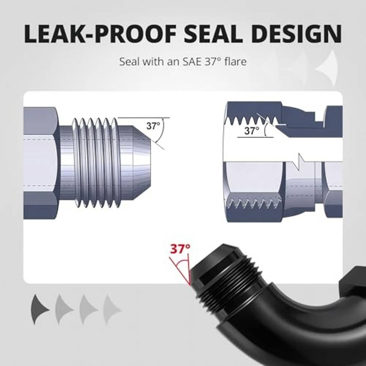 Black 90-degree AN flare elbow fitting with sealing flare shown on connector