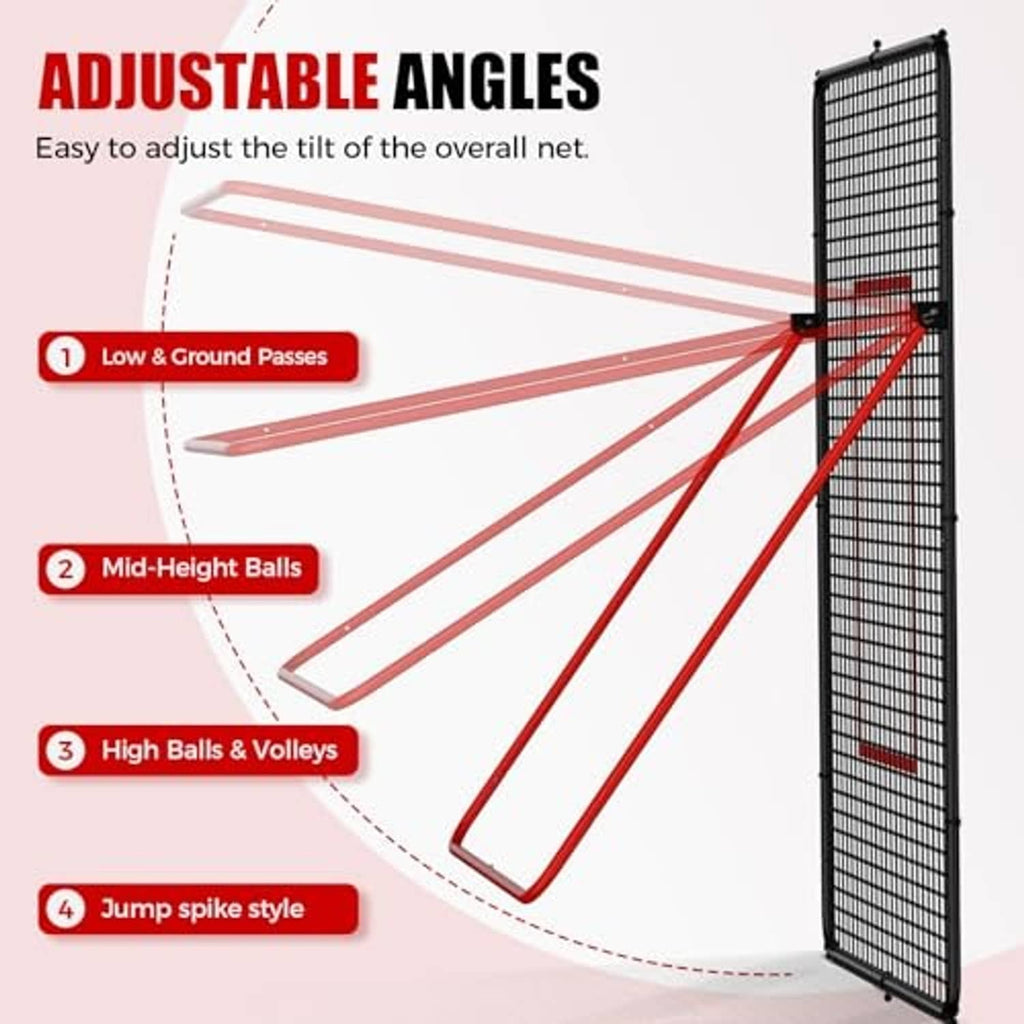 Adjustable-angle rebounder net frame with tall black mesh panel and red support bars.