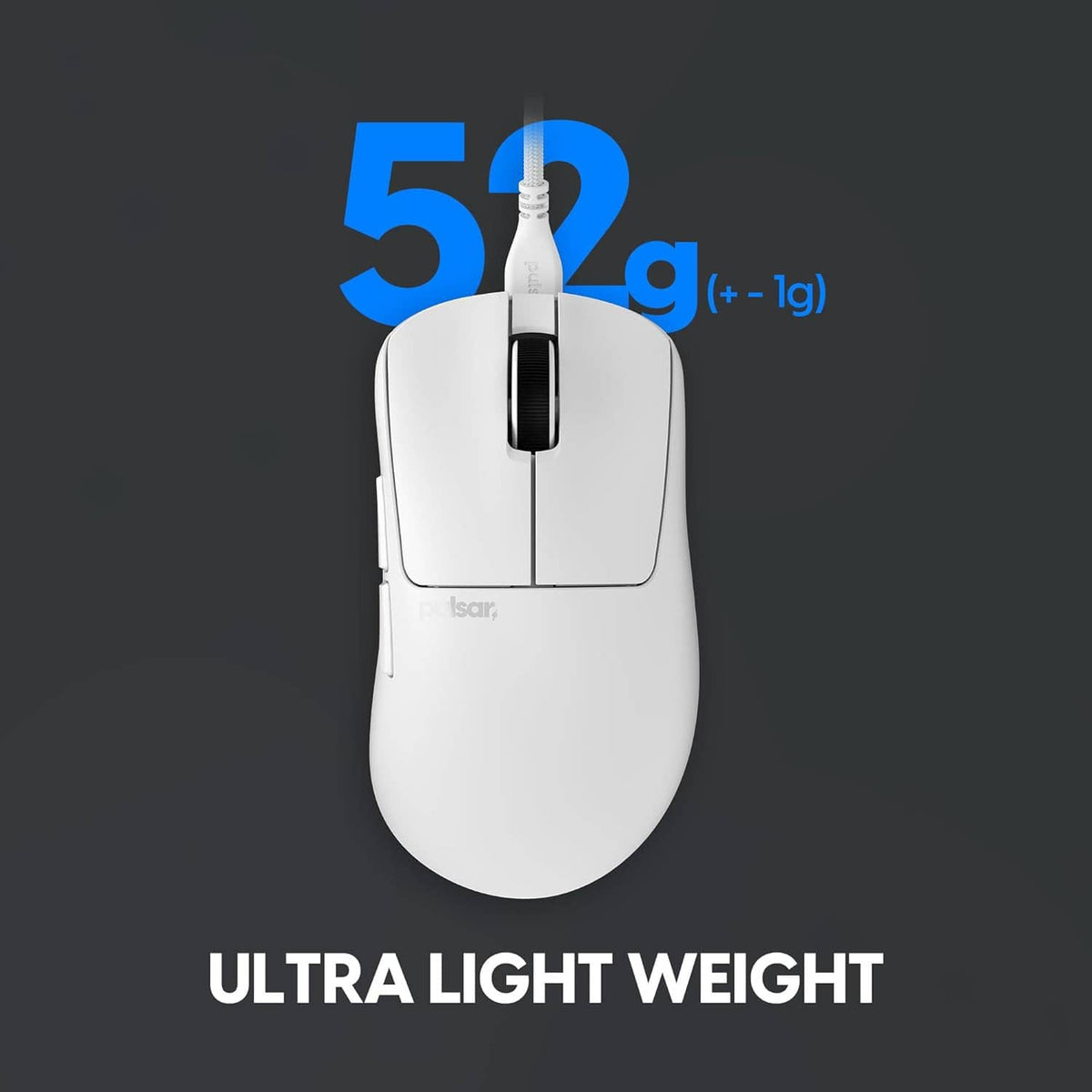 White wired gaming mouse centered front view with black scroll wheel