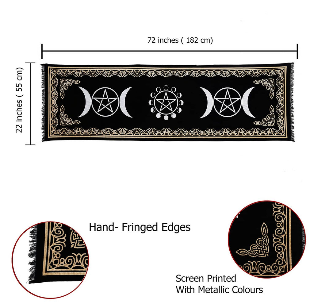 Black altar cloth, gold ornate edge, hand-fringed ends, moon and pentagram prints