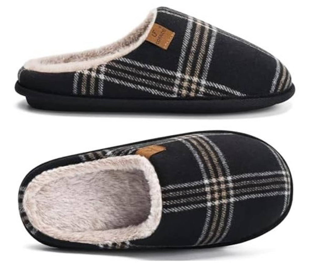 Black plaid men’s scuff slippers, fuzzy lining, slip-on style, cushioned sole