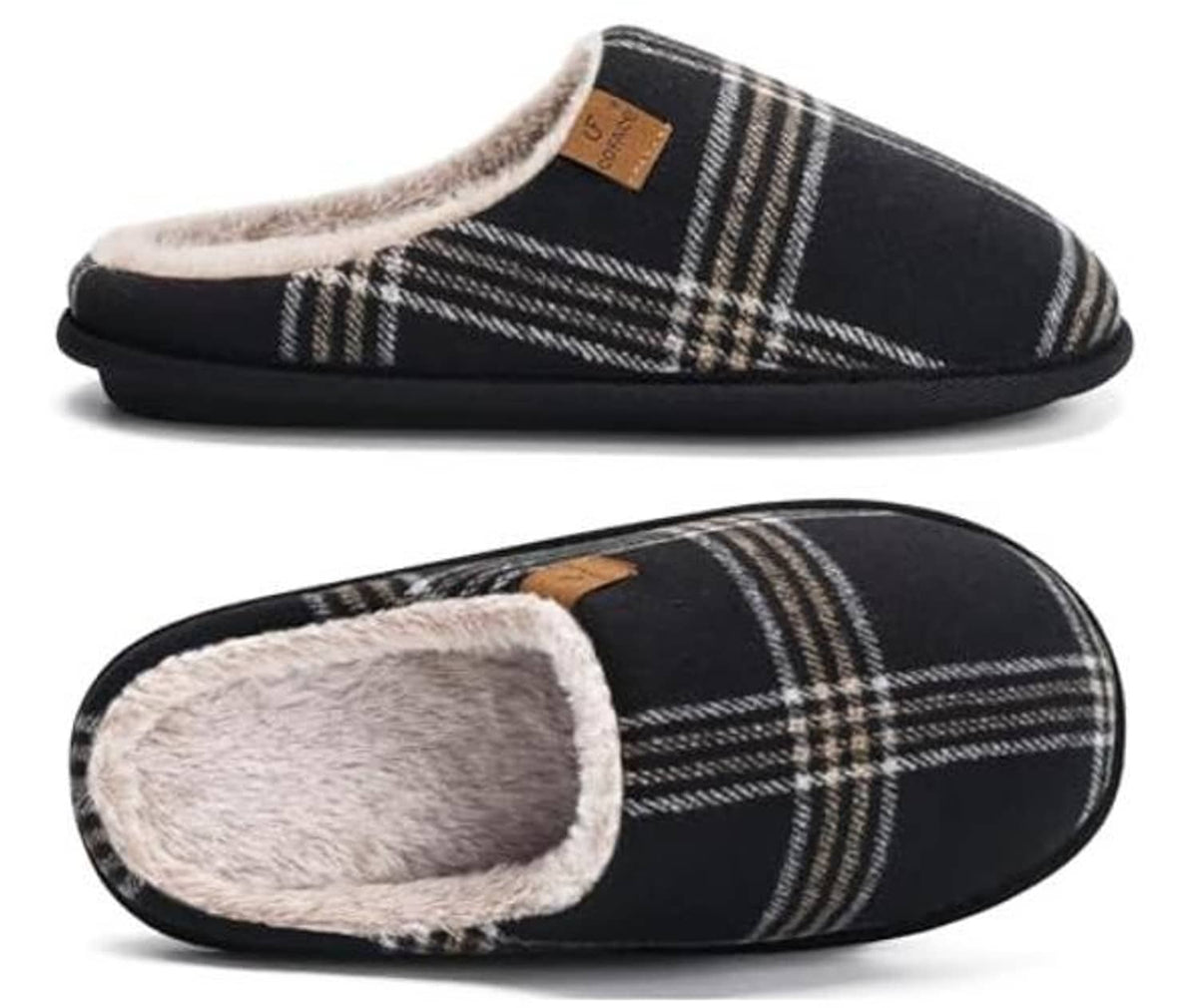 Black plaid men’s scuff slippers, fuzzy lining, slip-on style, cushioned sole