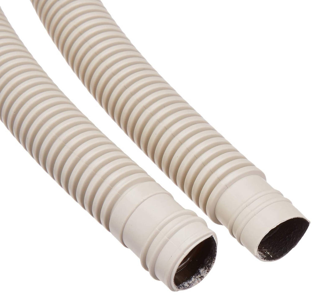 Close-up of tan corrugated drain hose ends, ribbed tubing with open cut openings