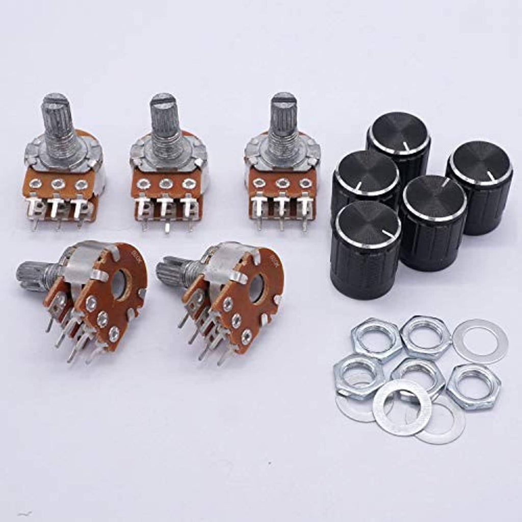 Potentiometer pack with black knobs, metal shafts, mounting pins, and metal lock nuts