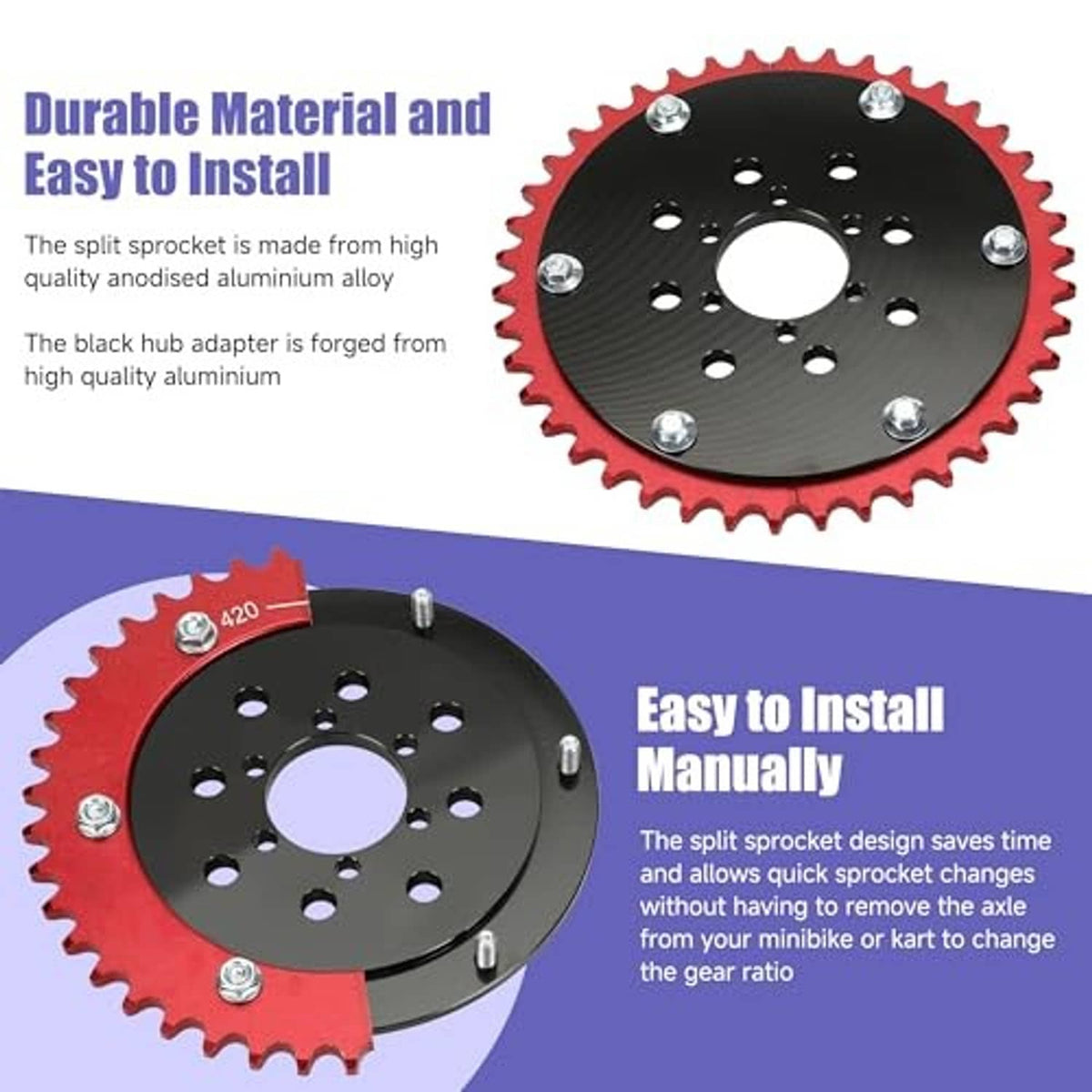 Red sprocket with black hub adapter plate and silver hex bolts for easy install