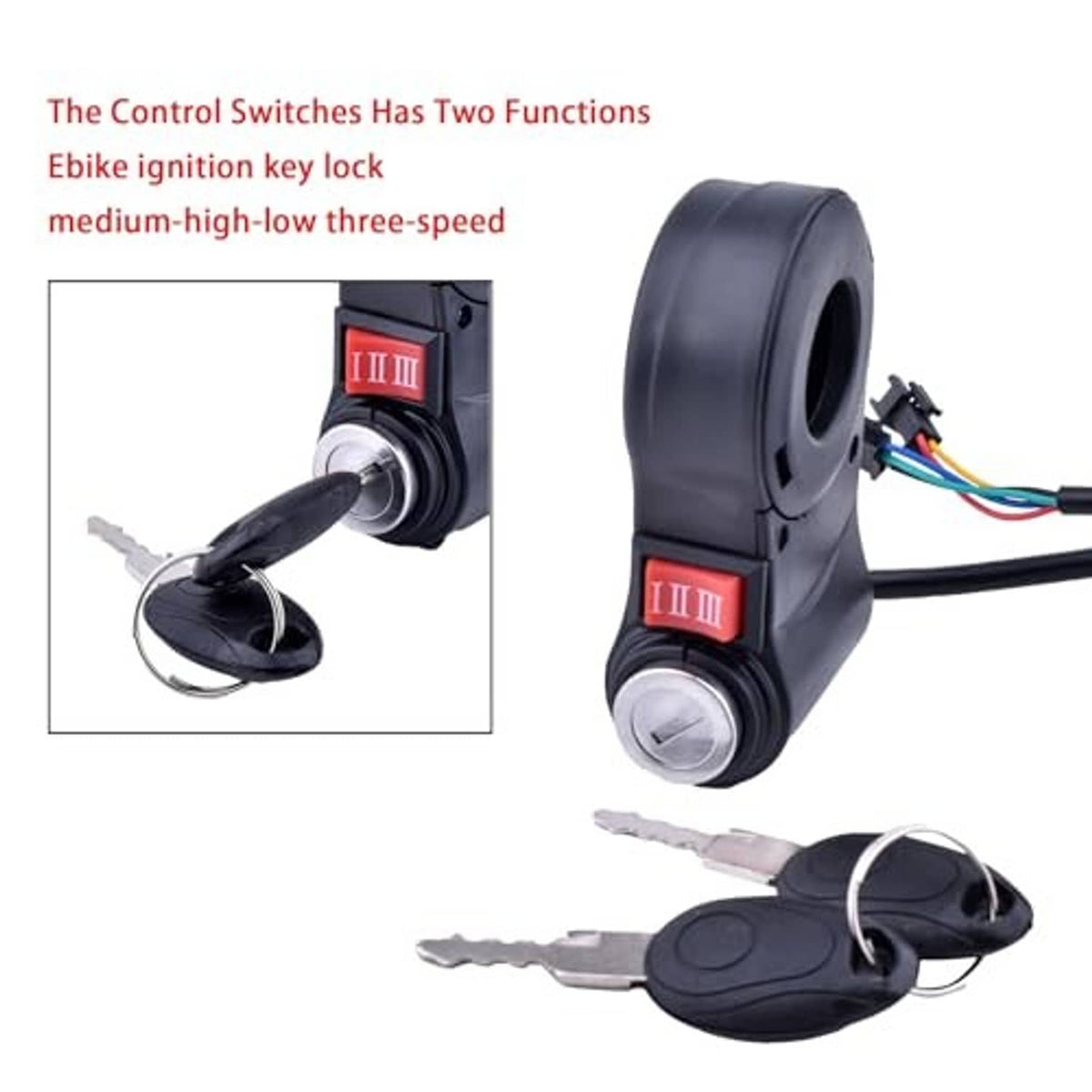 Three-speed key lock switch with two keys and colored wire connections