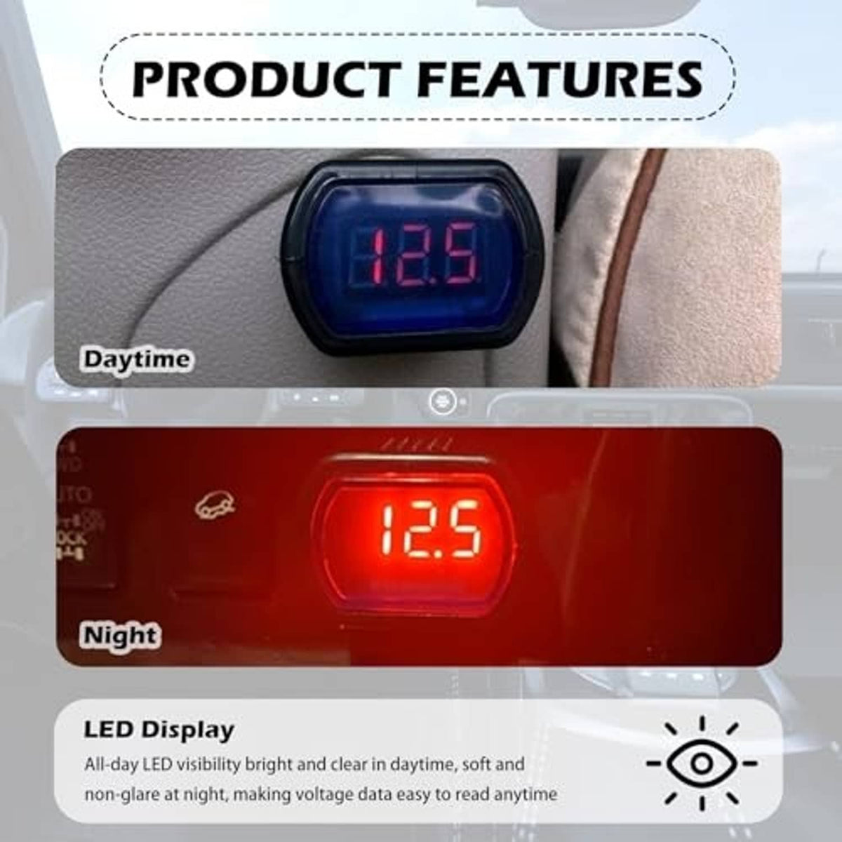 Car cigarette lighter voltage meter showing blue LED reading on black housing