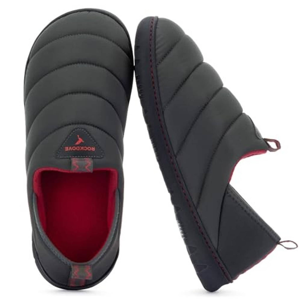 Men's dark grey quilted loafer slipper, red interior lining and side pull tabs.