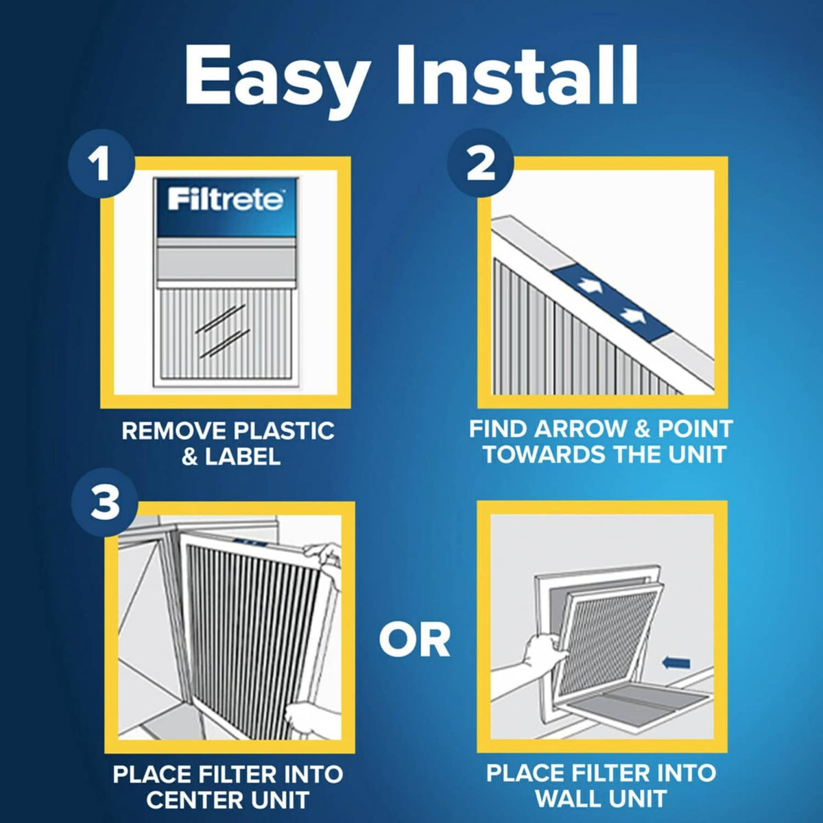 White pleated air filter with 1-inch thickness shown in install steps