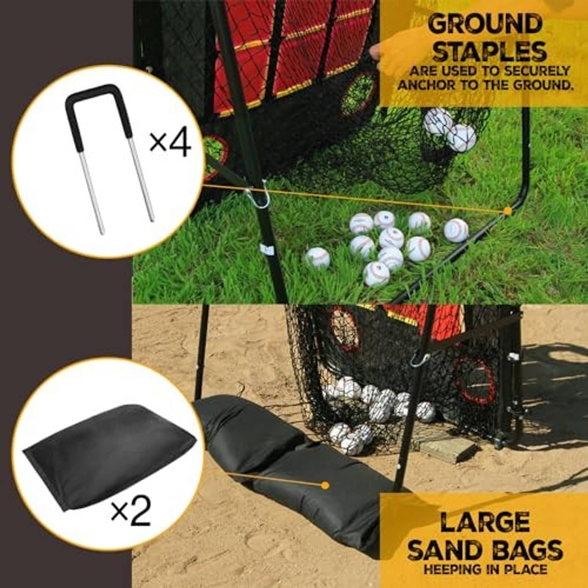 Pitching target net with yellow strike zone grid and included sandbags for stability