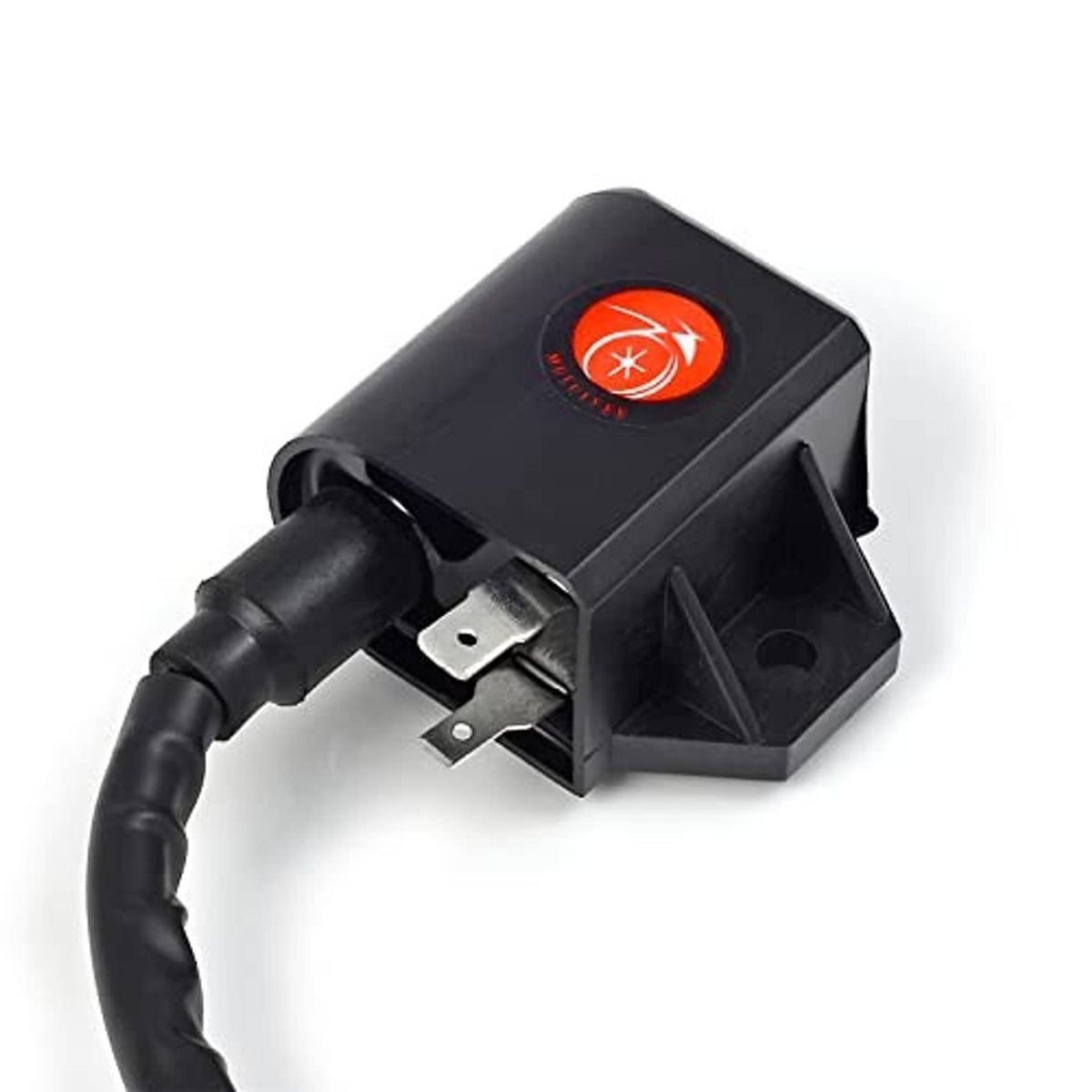 Black CDI box with mounting tab and red ignition symbol