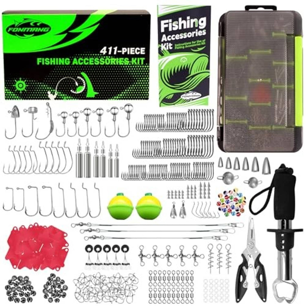 411-piece fishing accessories kit with hard tackle box and assorted hooks, sinkers and lures