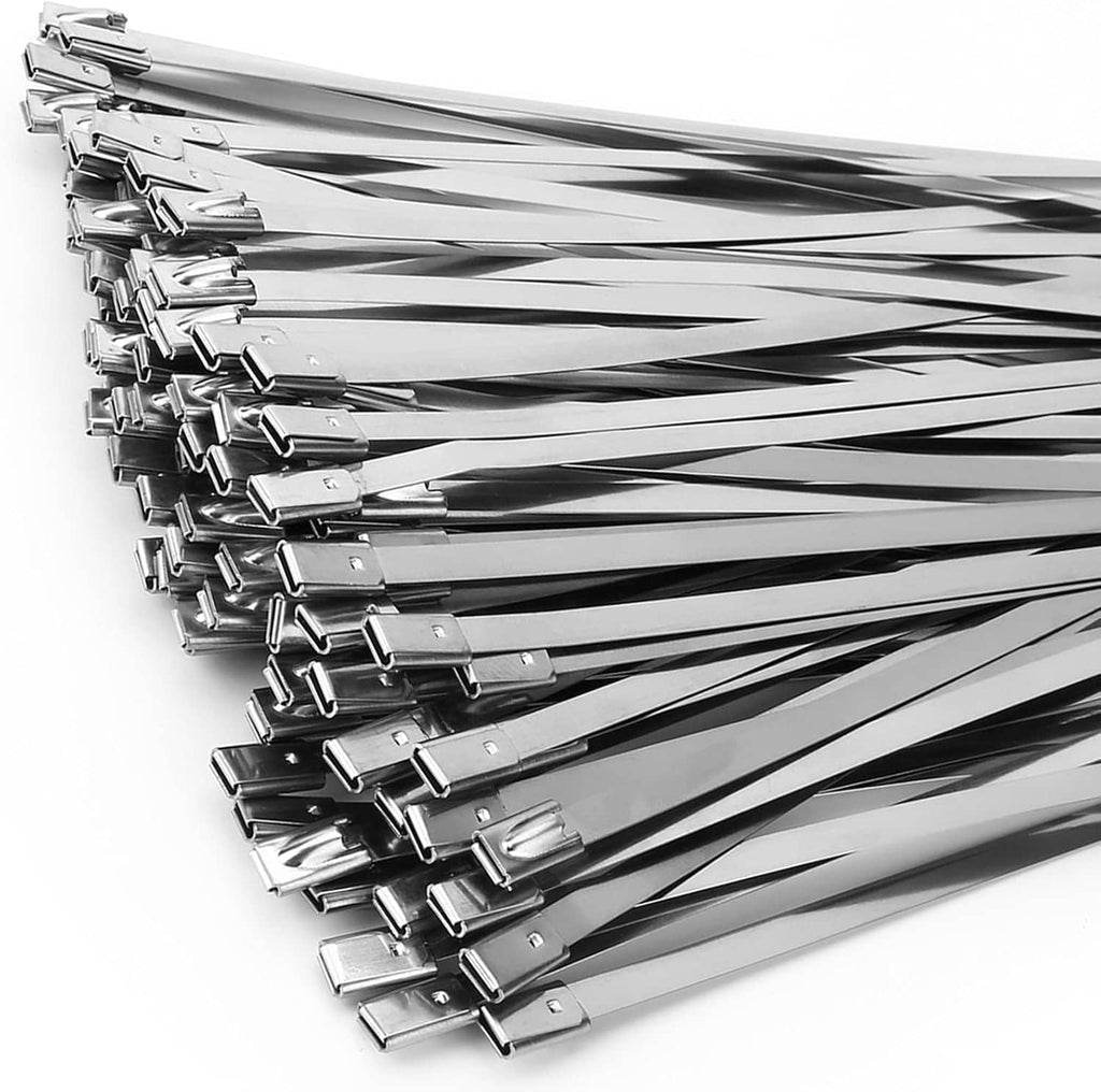 Stainless steel cable ties with metal locking heads, neatly stacked bundle