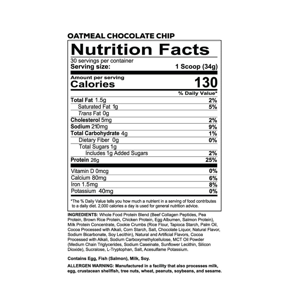 REDCON1 MRE LITE nutrition facts panel for oatmeal chocolate chip, 1 scoop (34g)