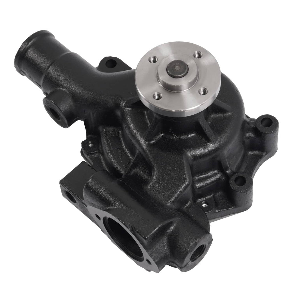 Water pump with black cast housing and silver flange, inlet and outlet ports visible