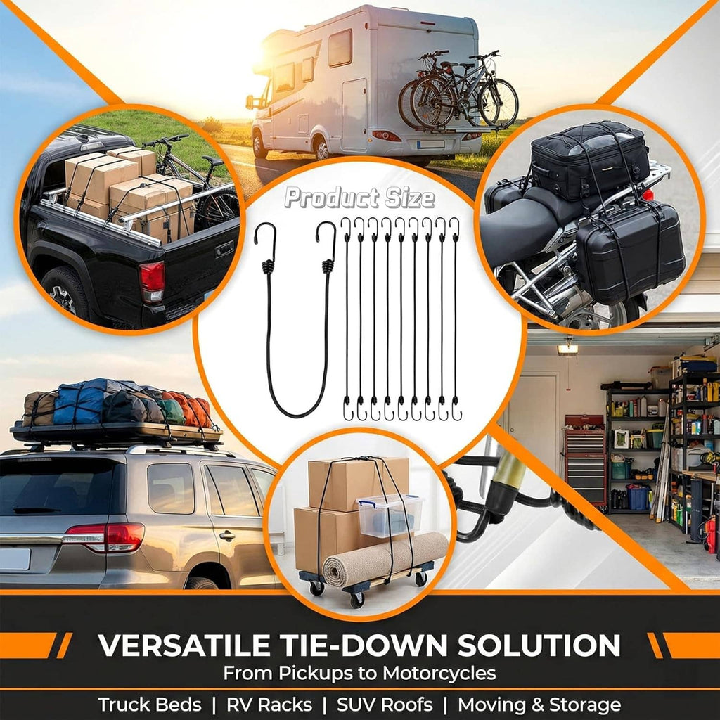 Black bungee cord set with metal hooks shown securing cargo and gear