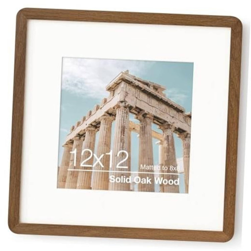Square solid oak picture frame with rounded corners, holding a landscape photo.
