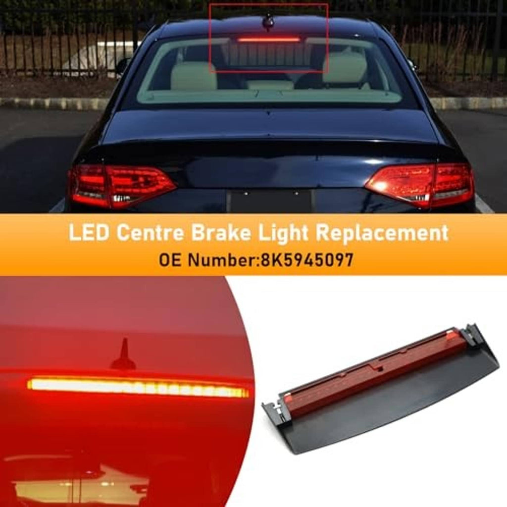 Center brake light replacement assembly with red LED strip and black mounting frame