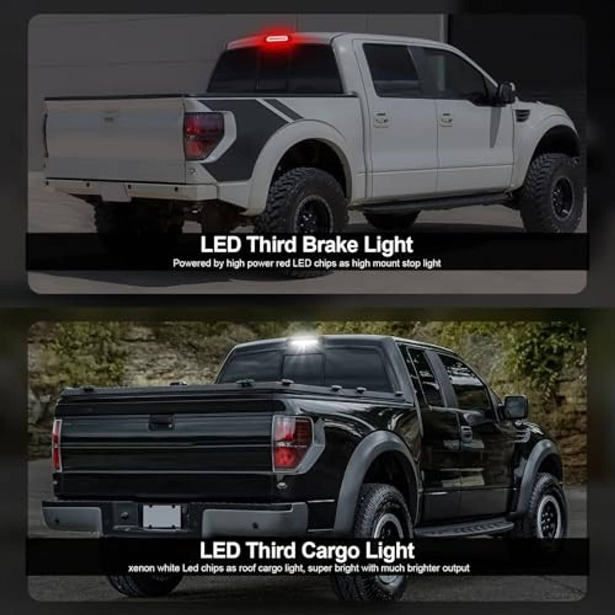 LED third brake light mounted on pickup truck bed with red brake light glowing