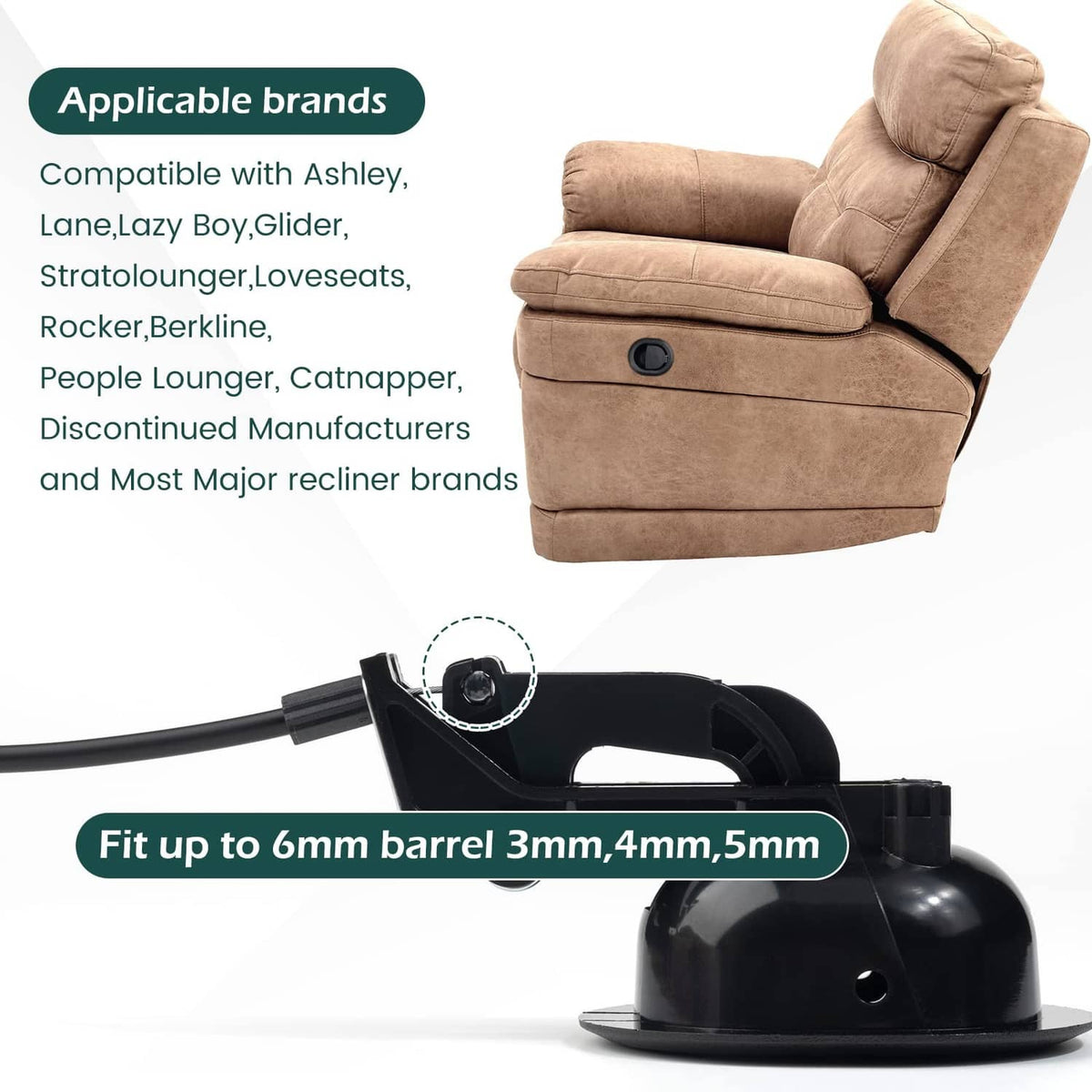 Black oval recliner release handle with suction-cup style mount and cable