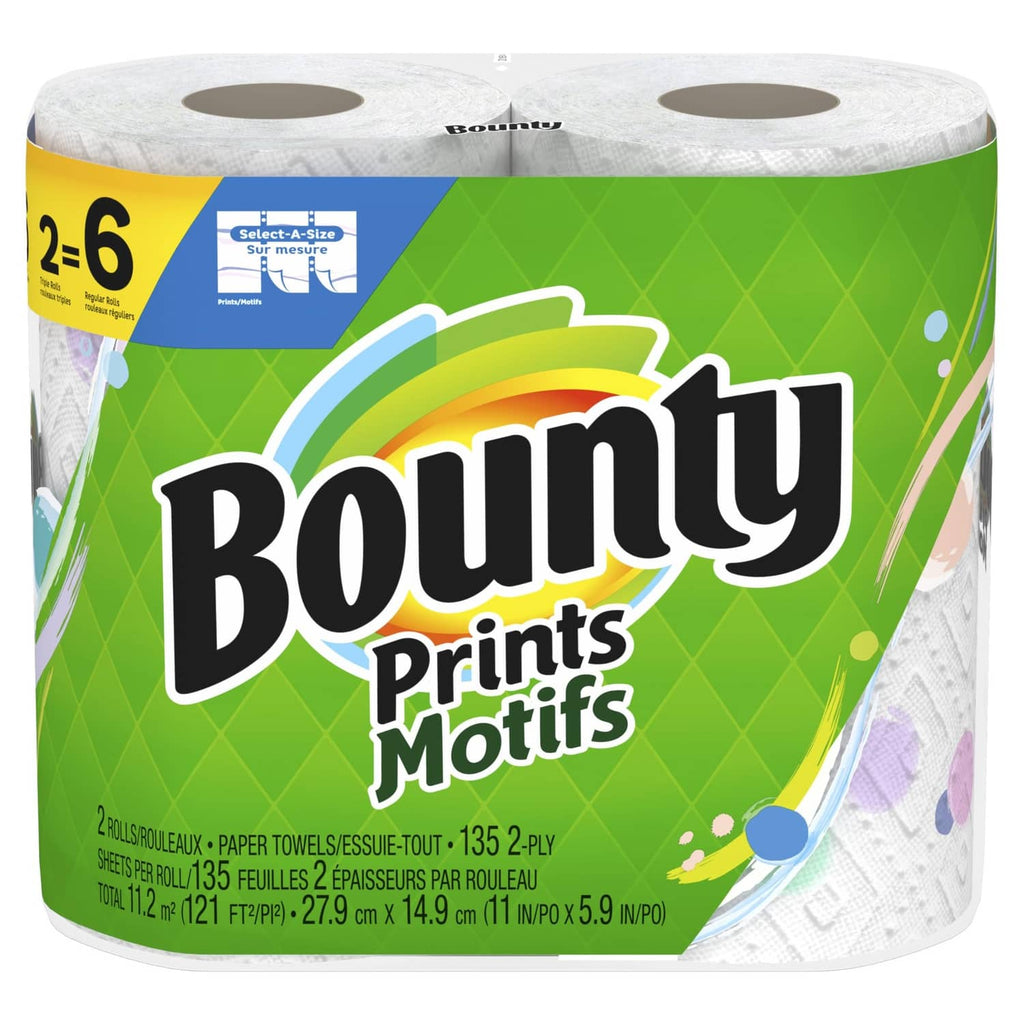 Paper towel triple-roll package with green "prints motifs" design