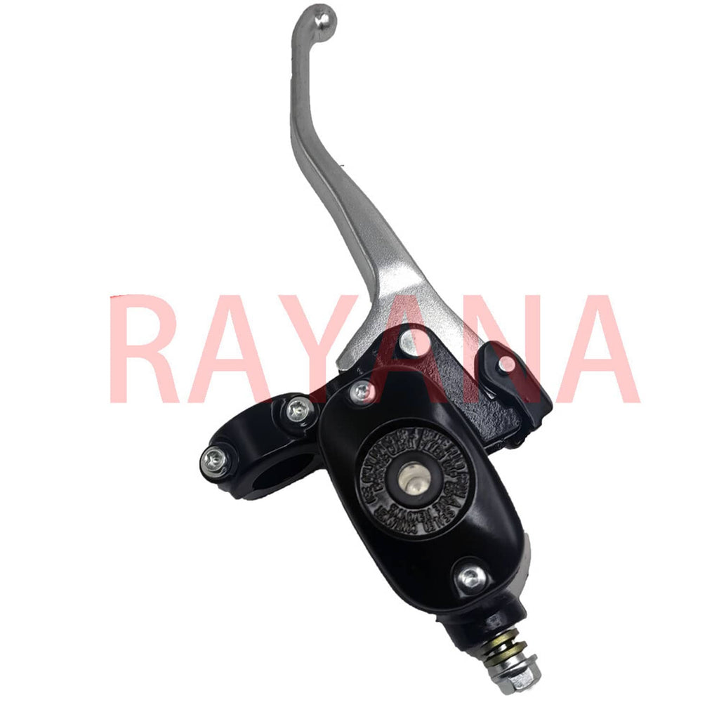Front brake master cylinder lever angled view, silver lever arm and black master cylinder