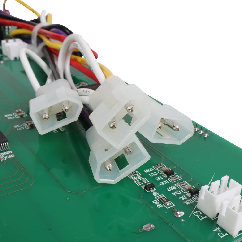 Pellet grill control board close-up of white multi-pin connectors on green PCB