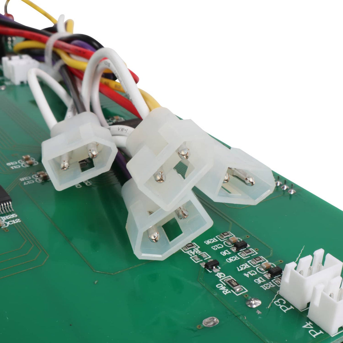 Pellet grill control board close-up of white multi-pin connectors on green PCB