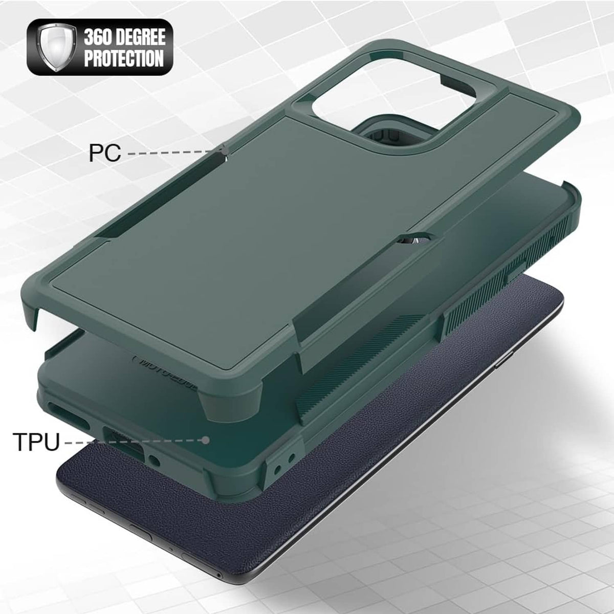 Matte green rugged phone case with thick bumper edges and stand-ready design