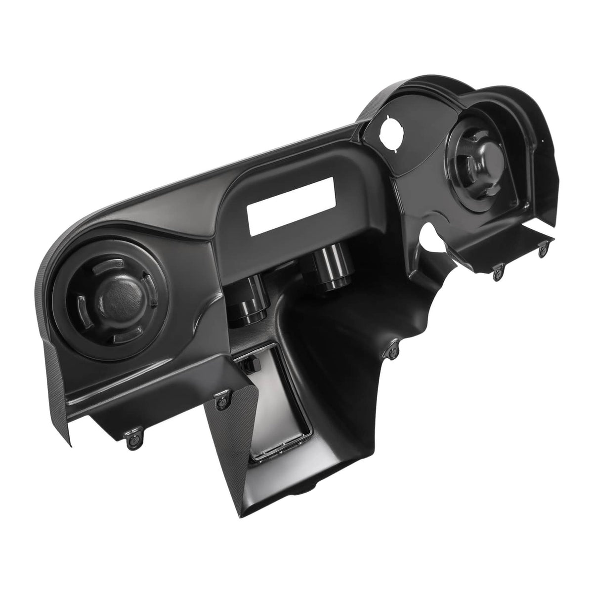 Golf cart dash cover with radio display window and speaker grilles, angled side view