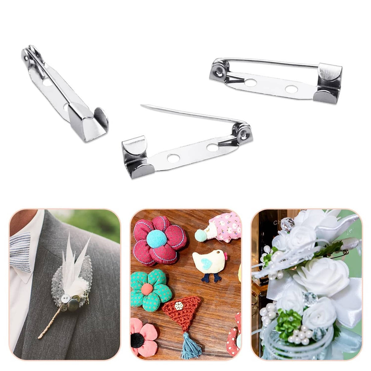 Silver bar pin brooch clasps laid out, showing hinge, prongs, and round holes
