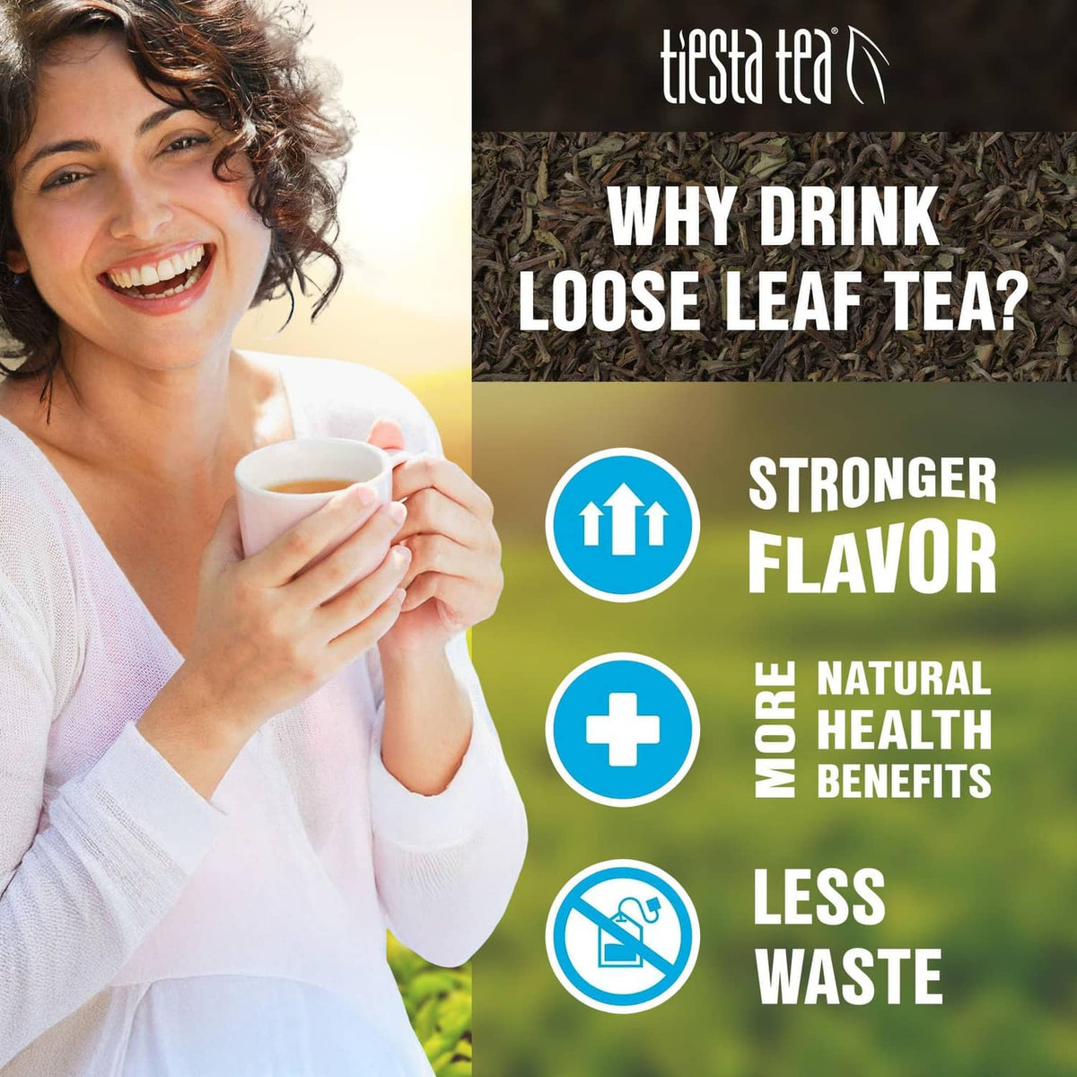 Smiling person holding a mug of herbal tea beside Tiesta tea branding