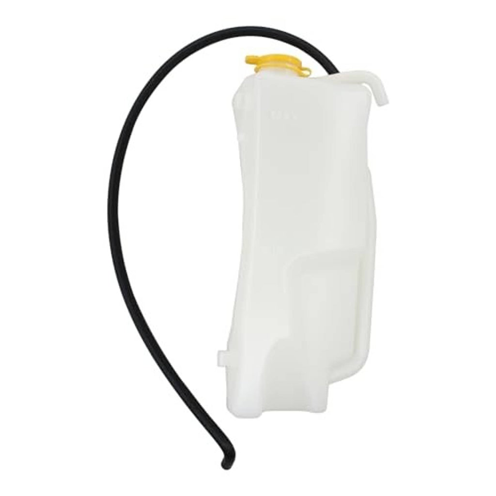 White coolant reservoir tank with yellow cap and black recovery hose, rear view