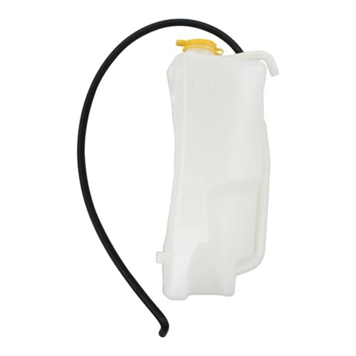 White coolant reservoir tank with yellow cap and black recovery hose, rear view