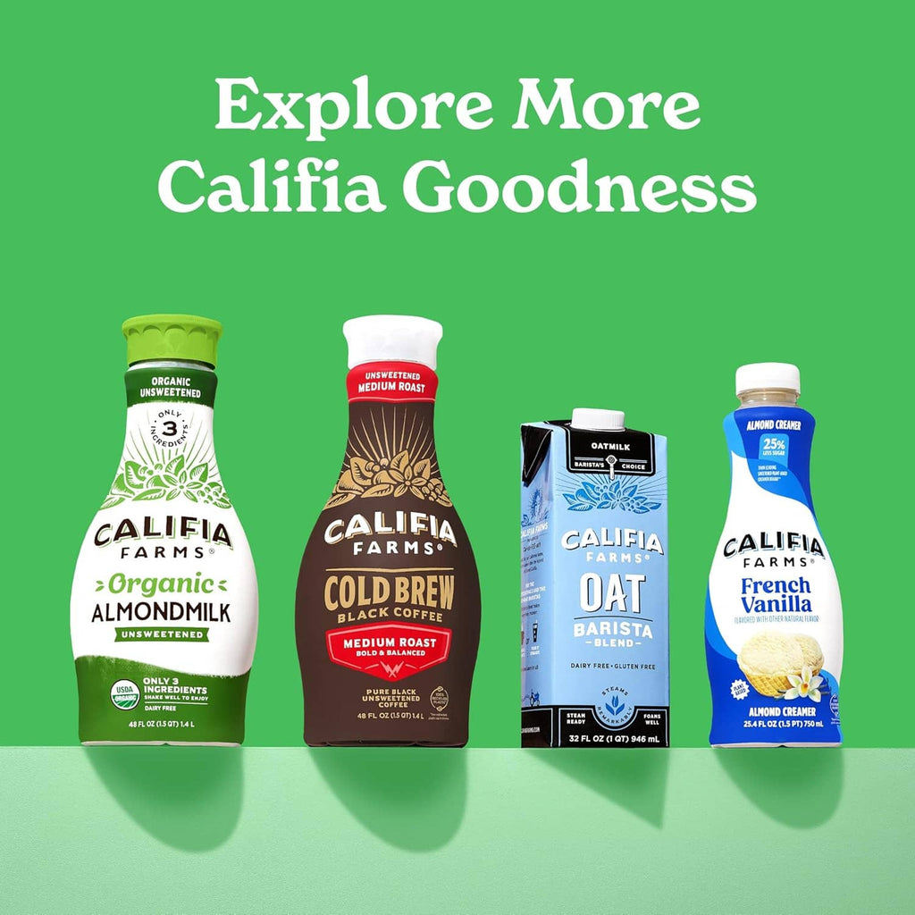 Assorted Califia Farms plant milk cartons lineup with Explore More text