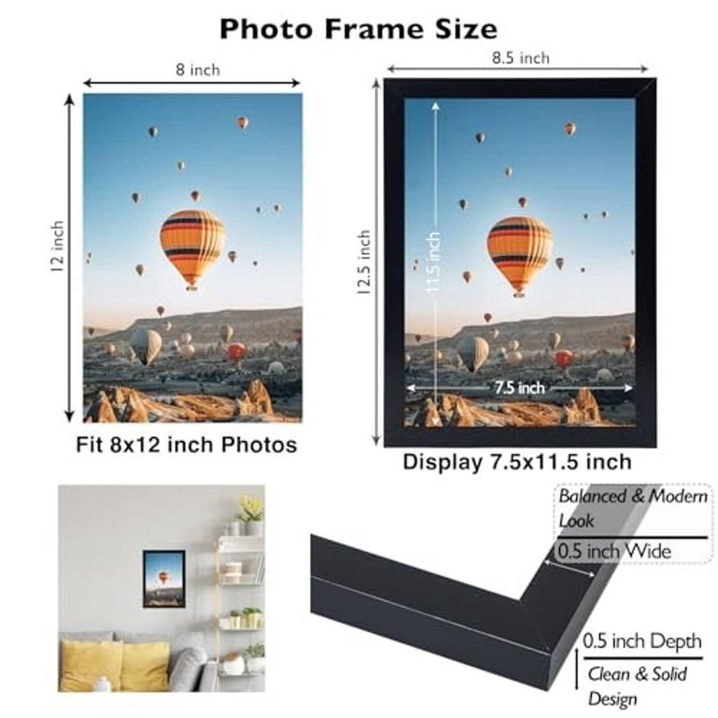Black 8x12 picture frame with beveled edge and display depth details