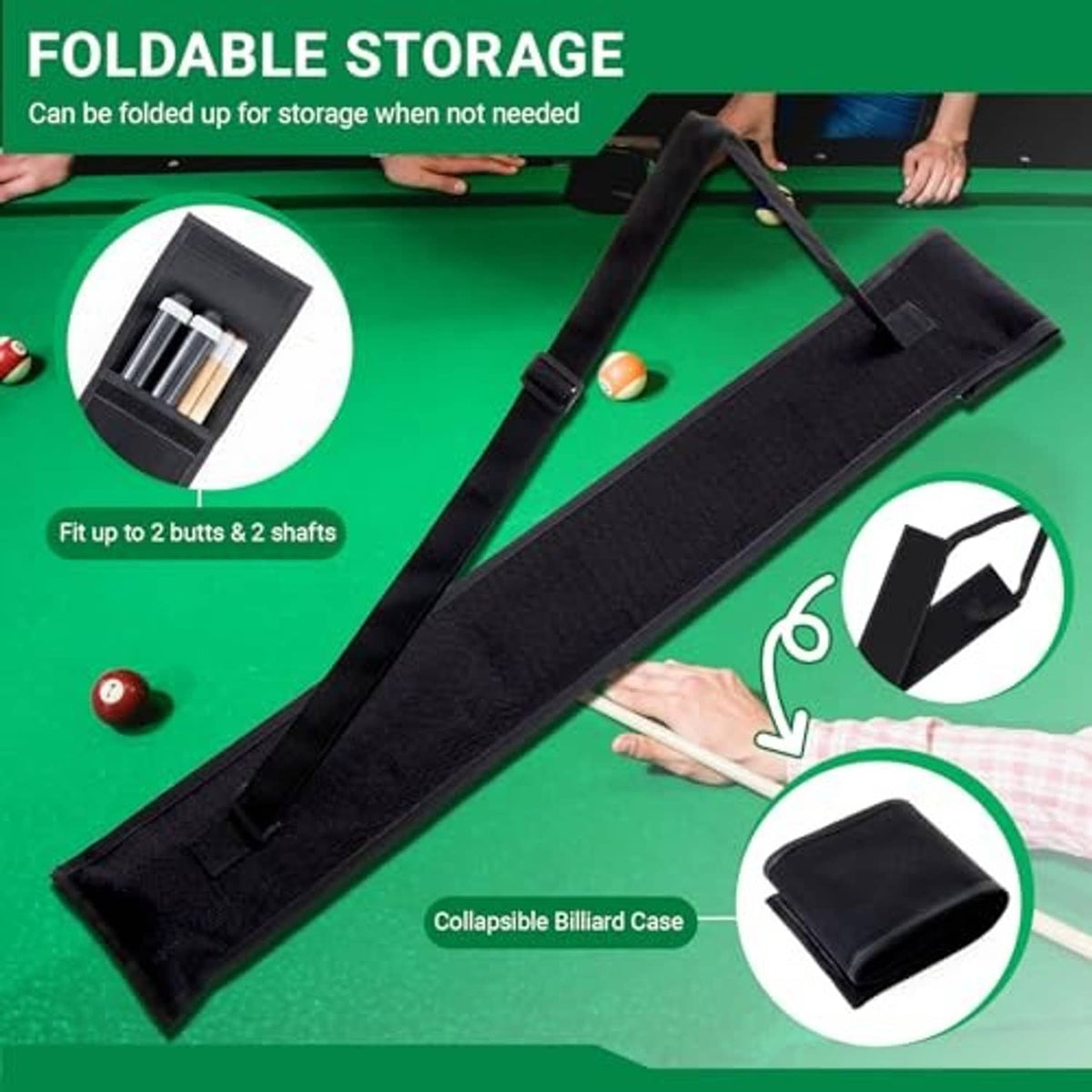 Foldable black billiard cue case with adjustable strap; shown holding pool cues.