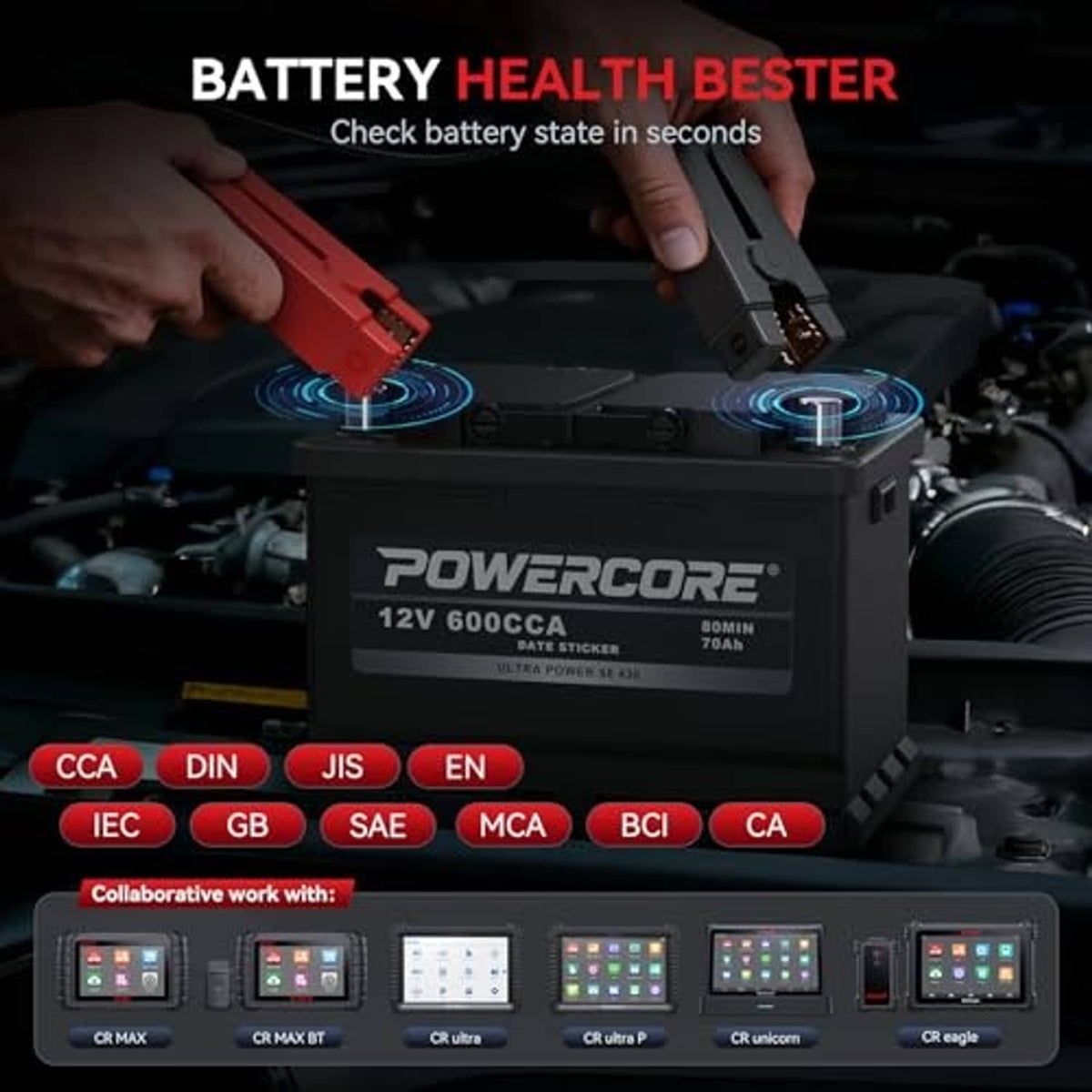 Black and red battery test clips attached to a car battery with cable
