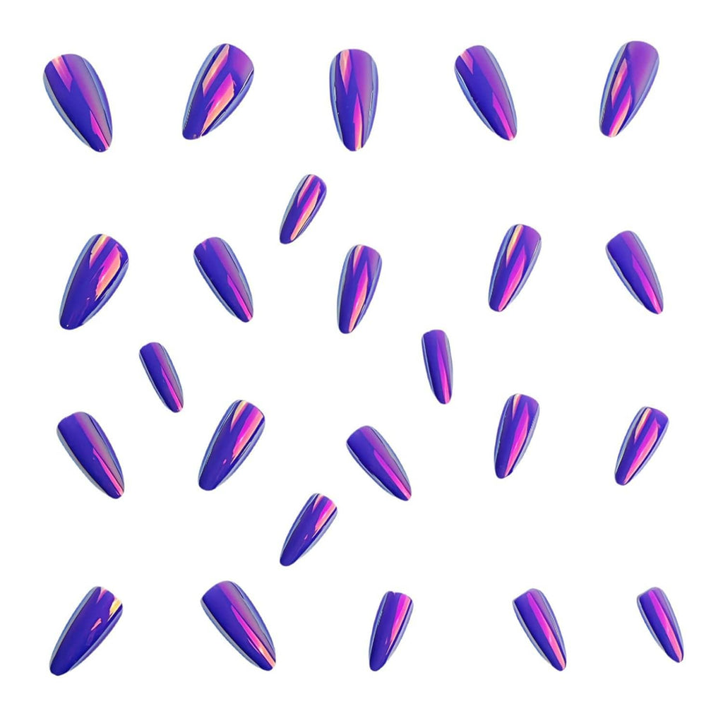 Purple chrome almond press-on nails set on white, glossy reflective purple
