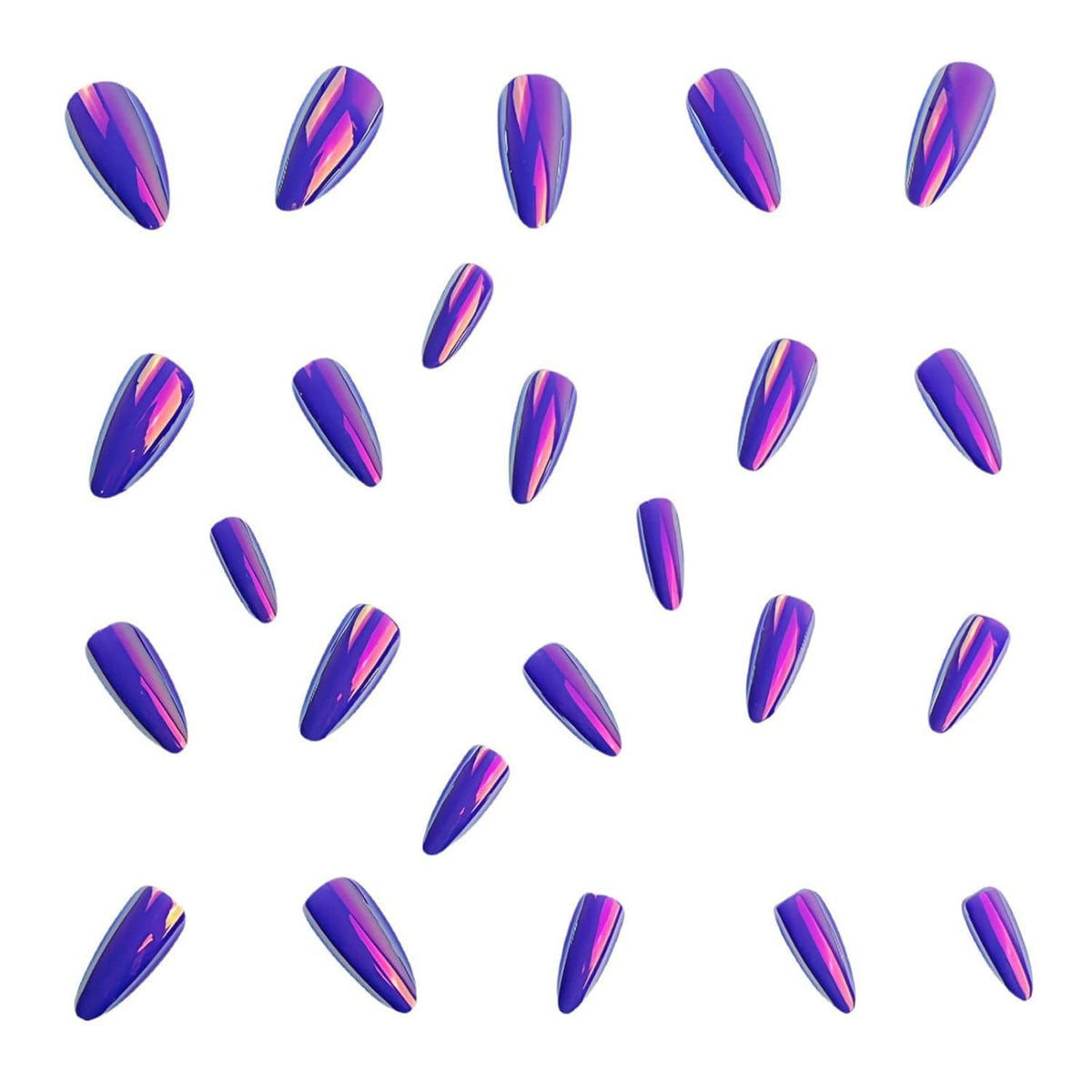Purple chrome almond press-on nails set on white, glossy reflective purple