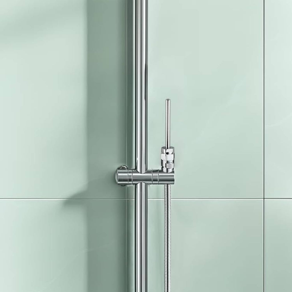 Chrome shower douche nozzle mounted to a vertical rail with flexible hose