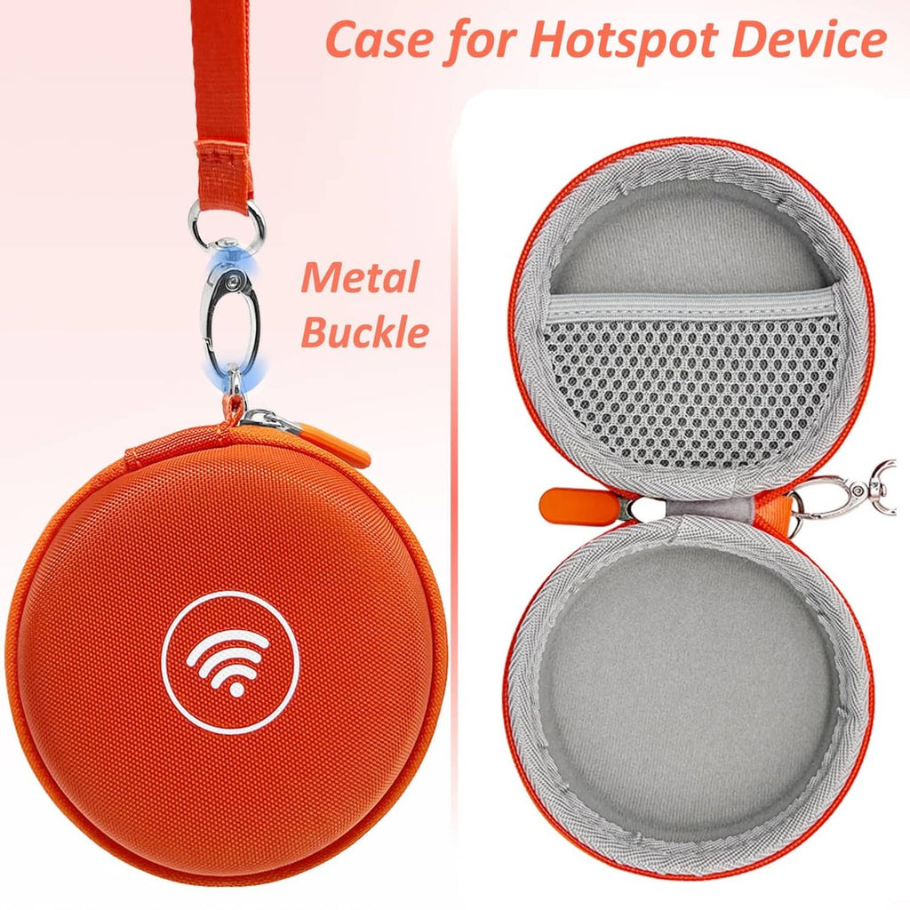 Orange round case with keyring and metal buckle; open lid reveals gray interior lining
