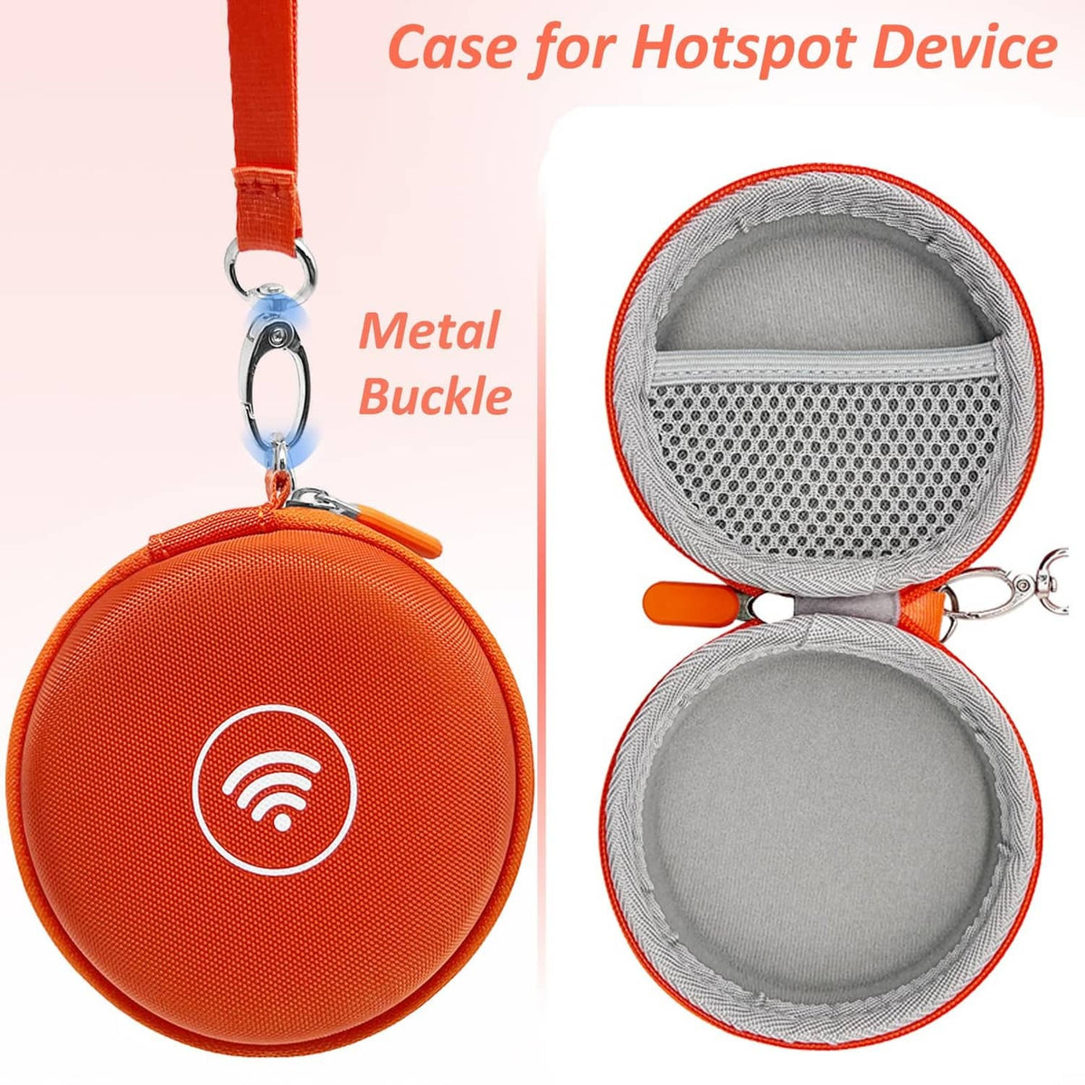 Orange round case with keyring and metal buckle; open lid reveals gray interior lining