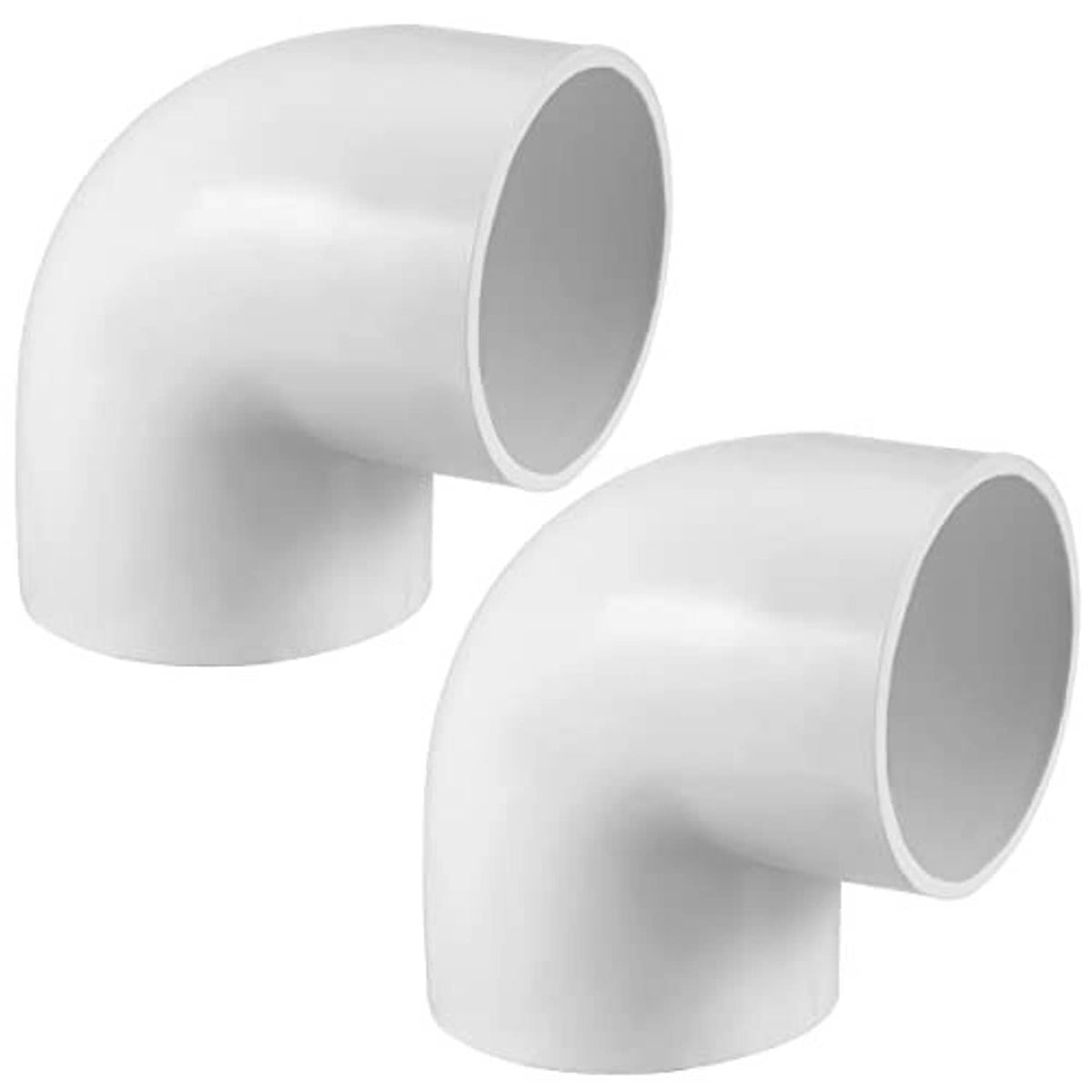 White 90-degree PVC elbow pipe fittings with open socket ends, 2-inch pack of 2