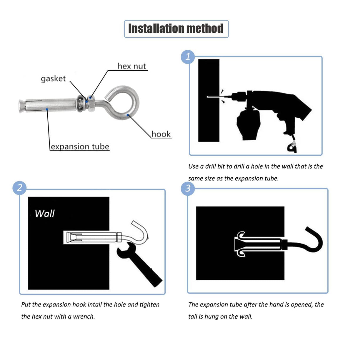 Expansion concrete anchor installation steps diagram with hex nut and hook