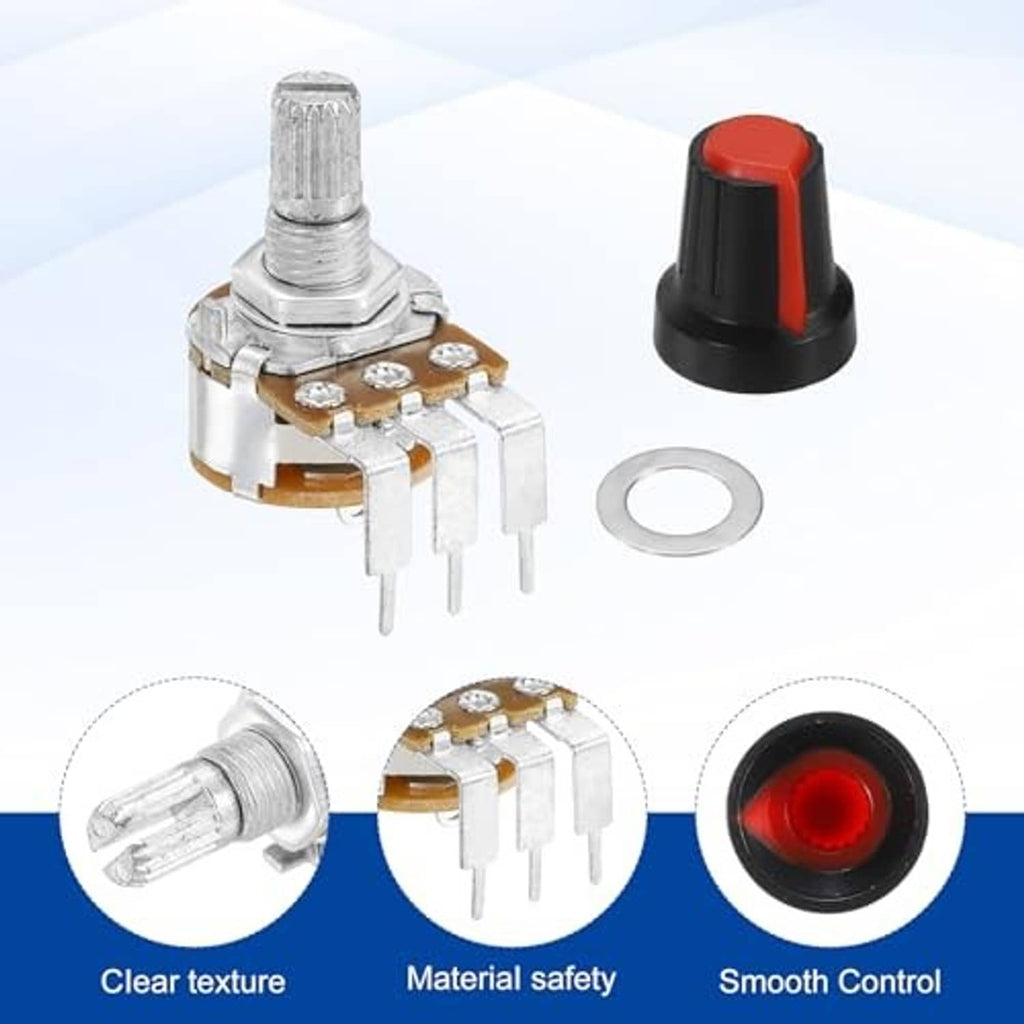 Rotary potentiometer with black/red knob, silver metal shaft, 3-pin terminals, washer