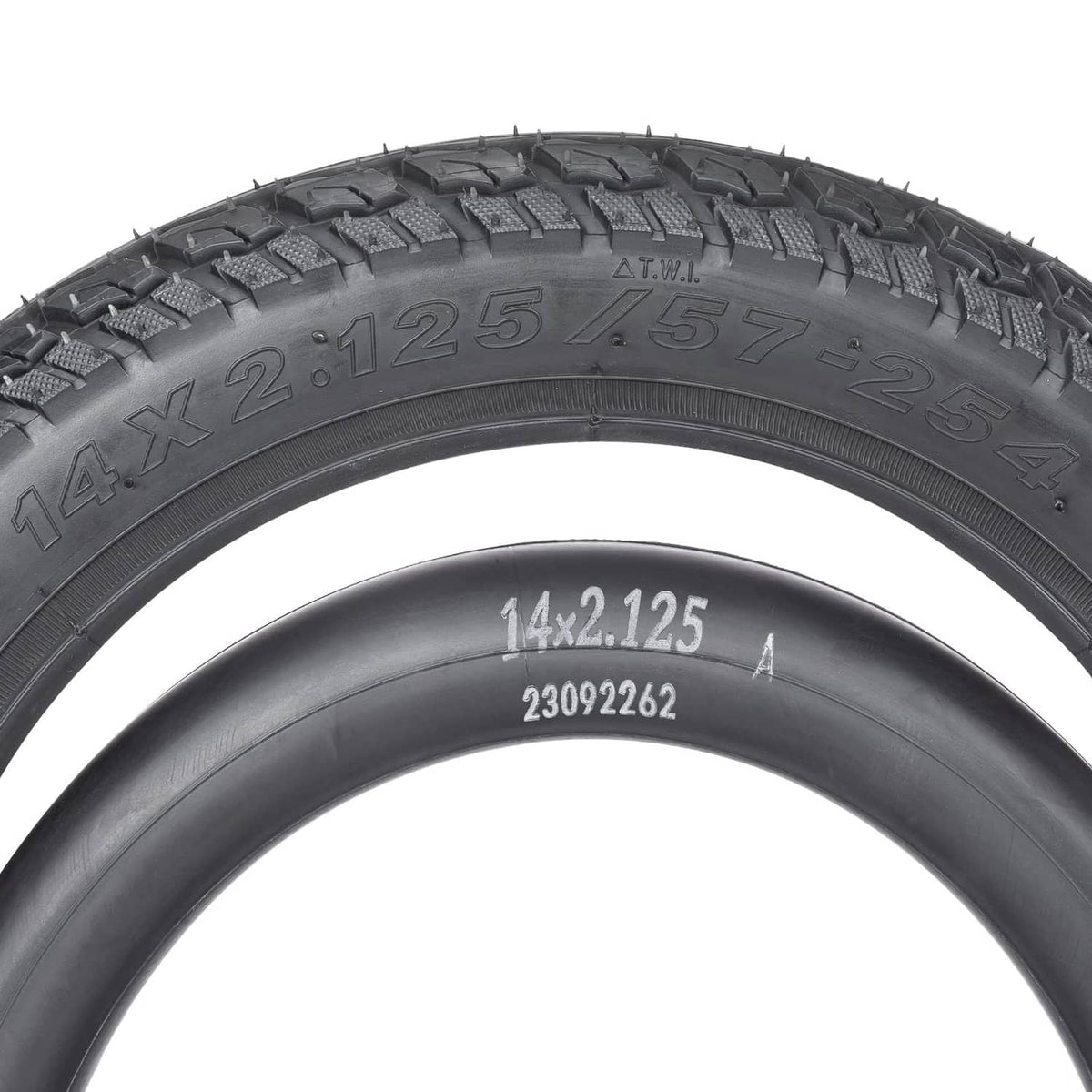 Black 14x2.125 tire close-up showing tread blocks and printed size markings.