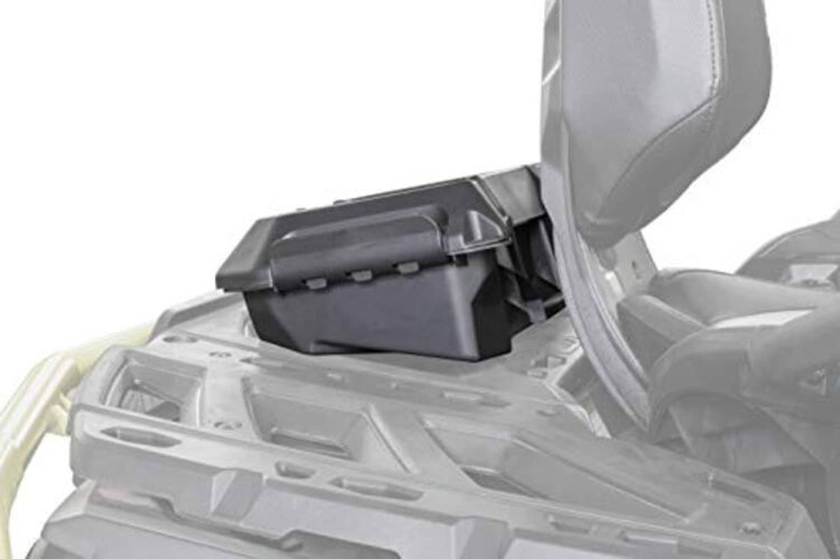 ATV cargo box mounted on vehicle rack, showing box front and lid